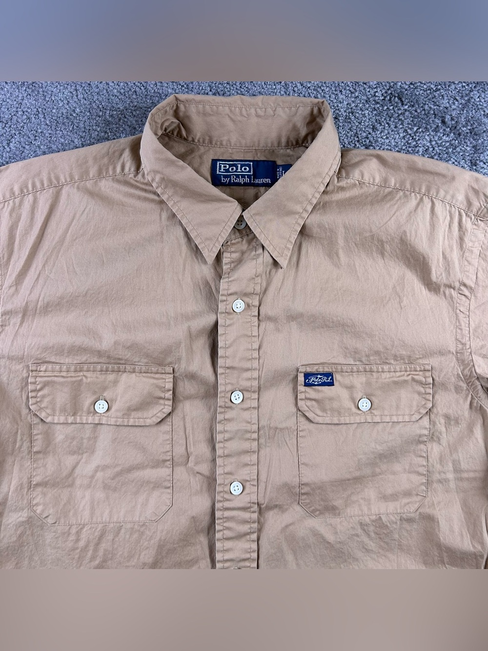 Polo Ralph Lauren Work Shirt Mens L Brown Short Sleeve Button Up Pockets Tropics
